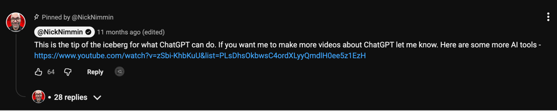 Nick Nimmin pinned comment screenshot