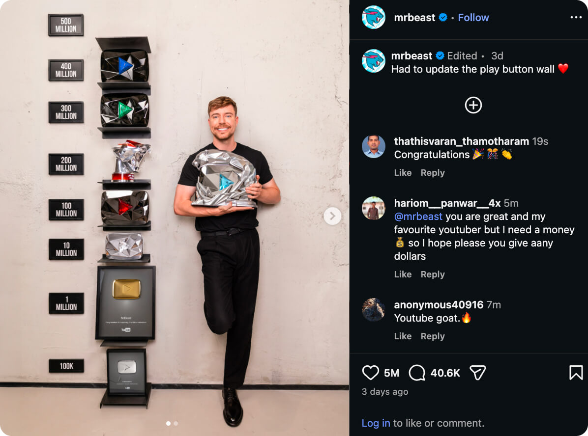 MrBeast Picture with all his awards, including the 500K YouTube Play Button