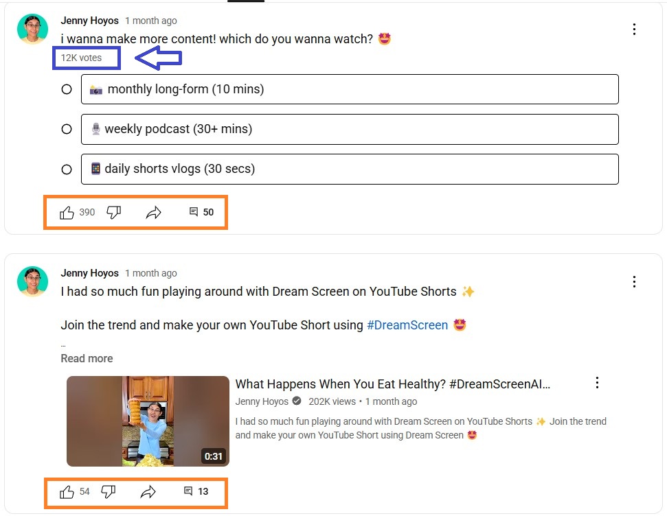 Screenshot showing Jenny Hoyos’s posts on YouTube.