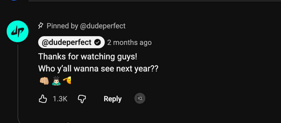 Dude Perfect pinned comment screenshot