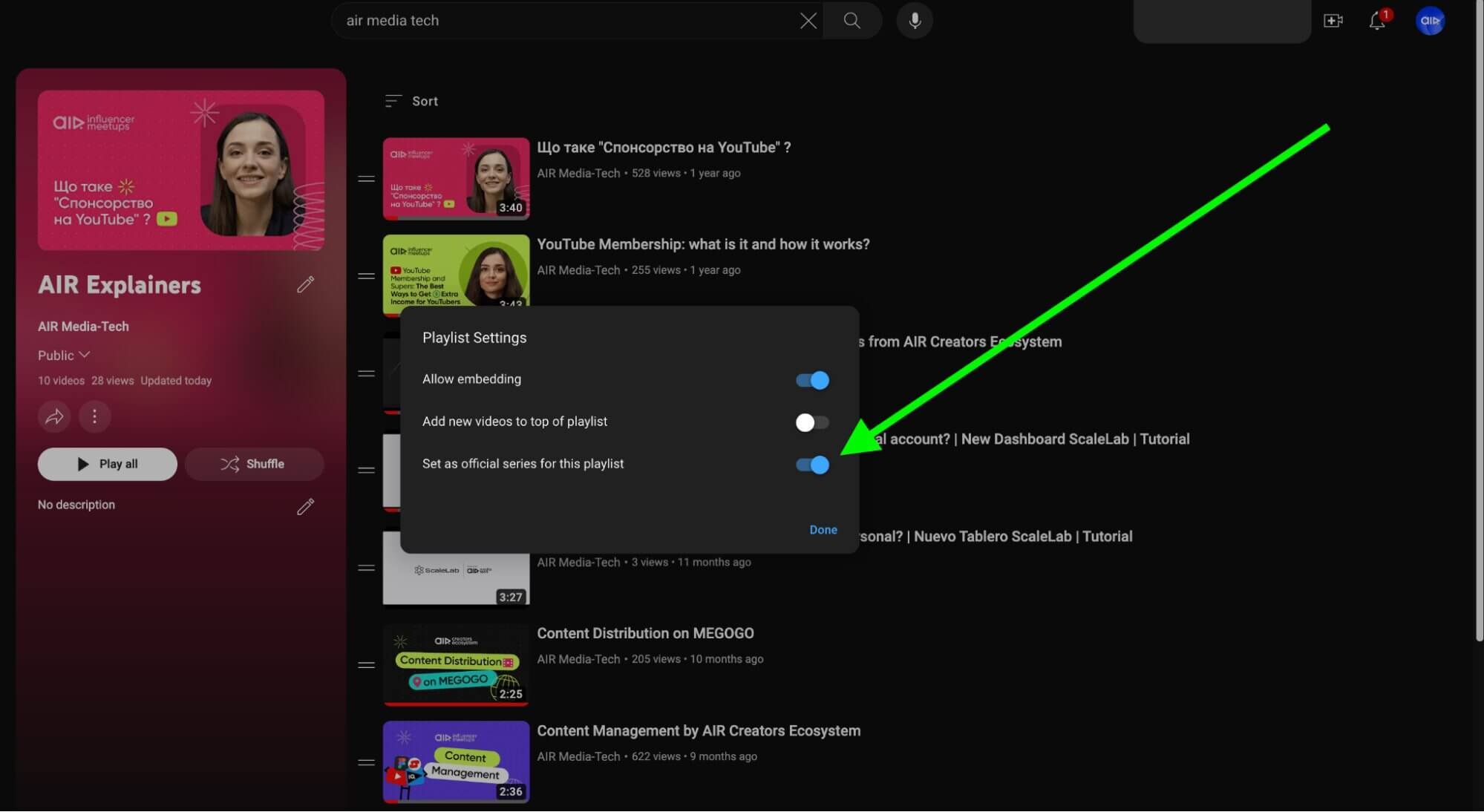 YouTube Playlist Settings panel showing toggles for Allow embedding, Add new videos to top of playlist, and Set as official series for this playlist