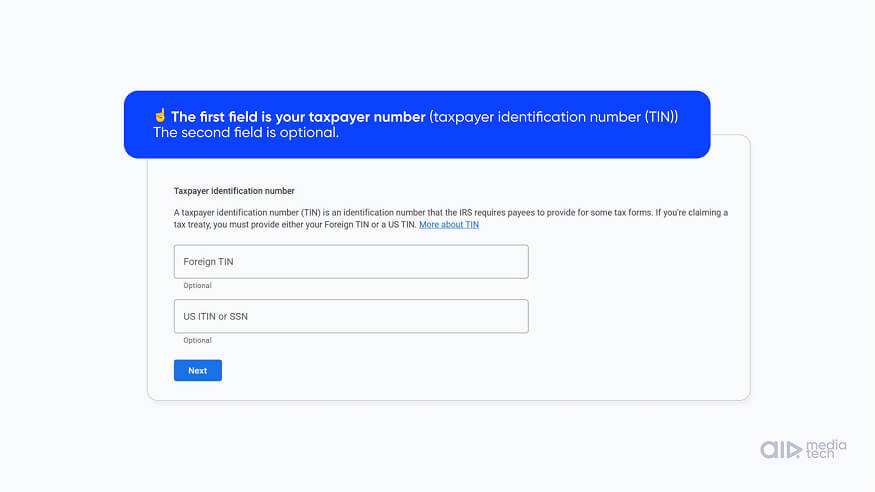 W-8BEN for YouTube step 6: your local tax number goes in the Foreign TIN field, US ITIN left empty