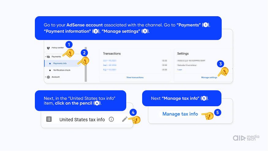 W-8BEN for YouTube step 1: AdSense Payments info, Manage settings, United States tax info and Manage tax info
