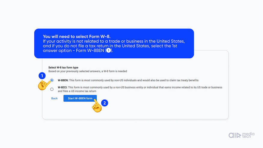 W-8BEN for YouTube step 4: not a US citizen or resident, so AdSense offers Form W-8BEN