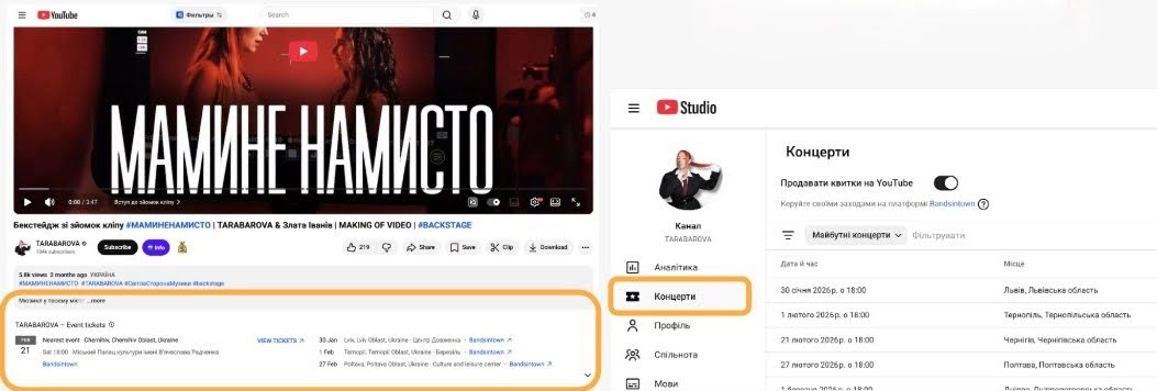 YouTube Studio screenshot of concert ticket sales analytics