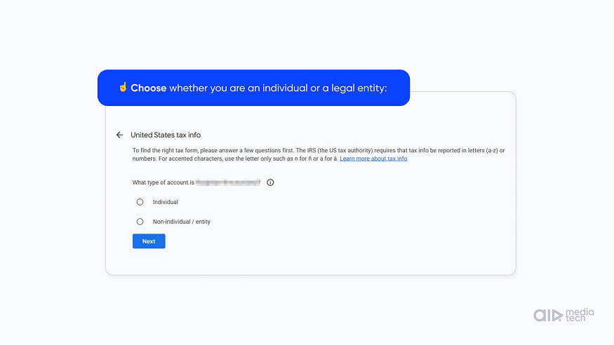 W-8BEN for YouTube step 3: choose the Individual or Business account type in AdSense tax info