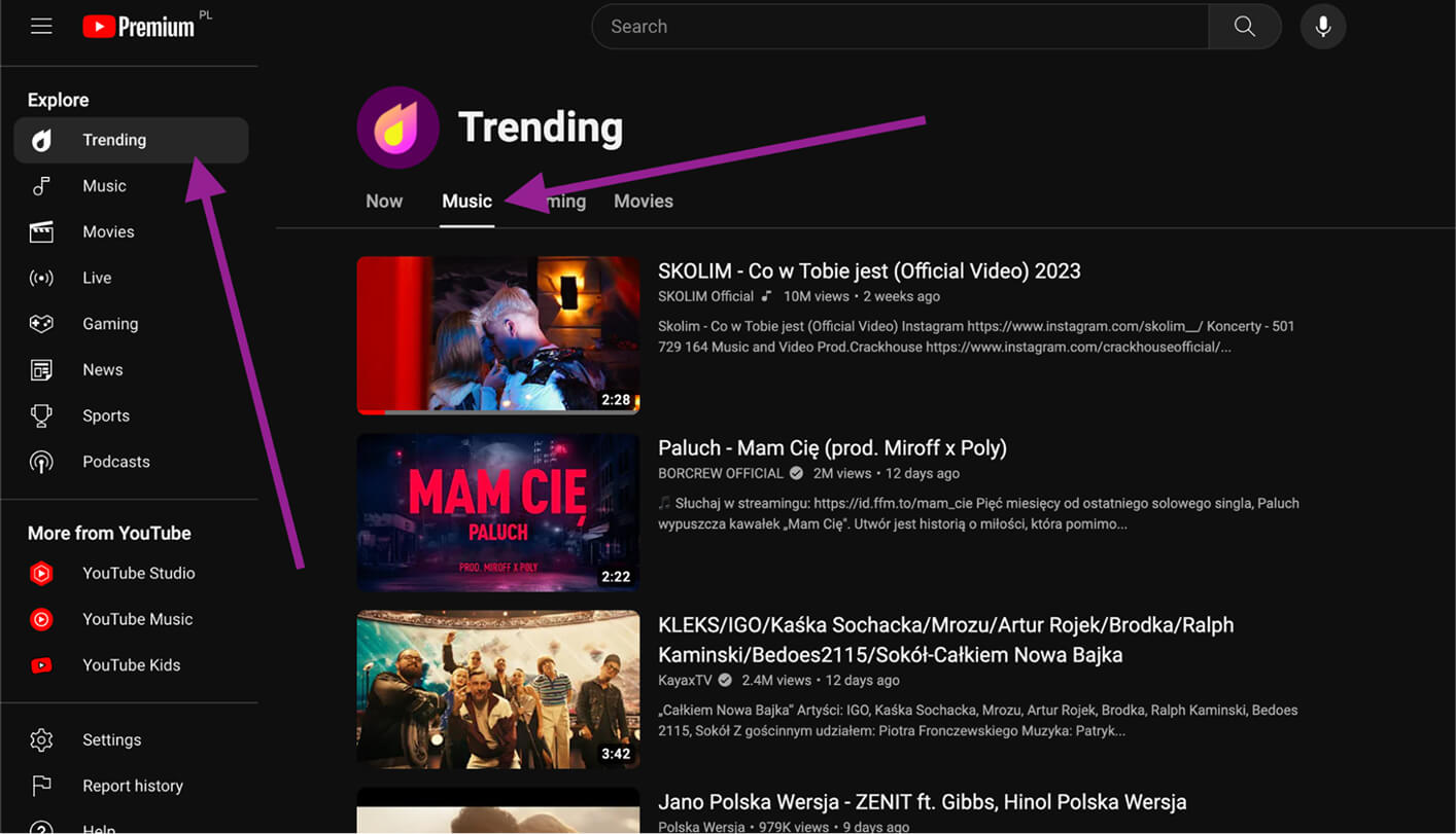YouTube Interface with the trending music for YouTube Shorts