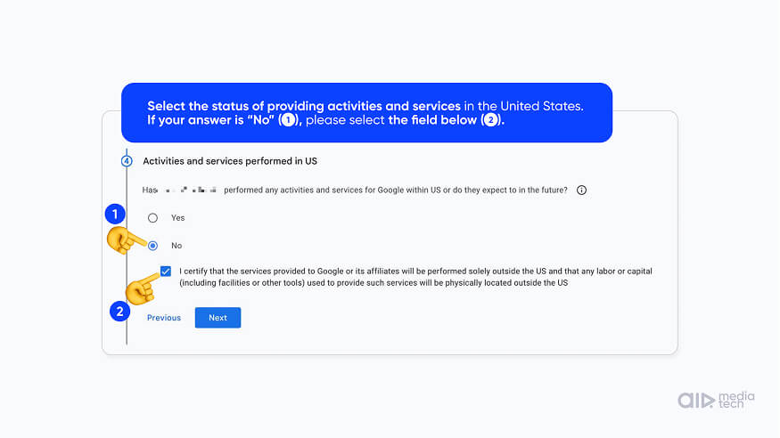 W-8BEN for YouTube step 9: answer No to activities and services performed in the US