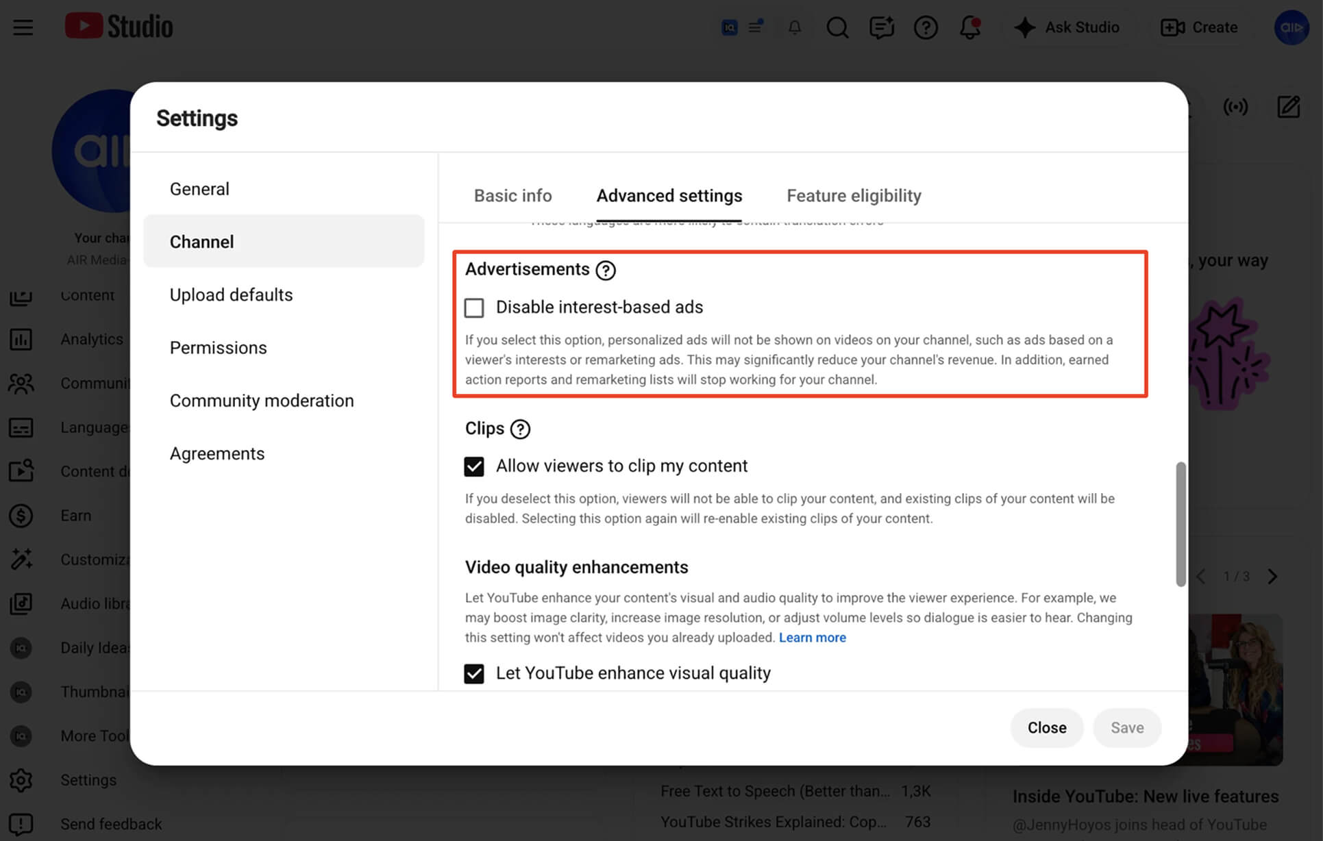 How much YouTube pays after monetization, Disable interest-based ads box in YouTube Studio channel advanced settings