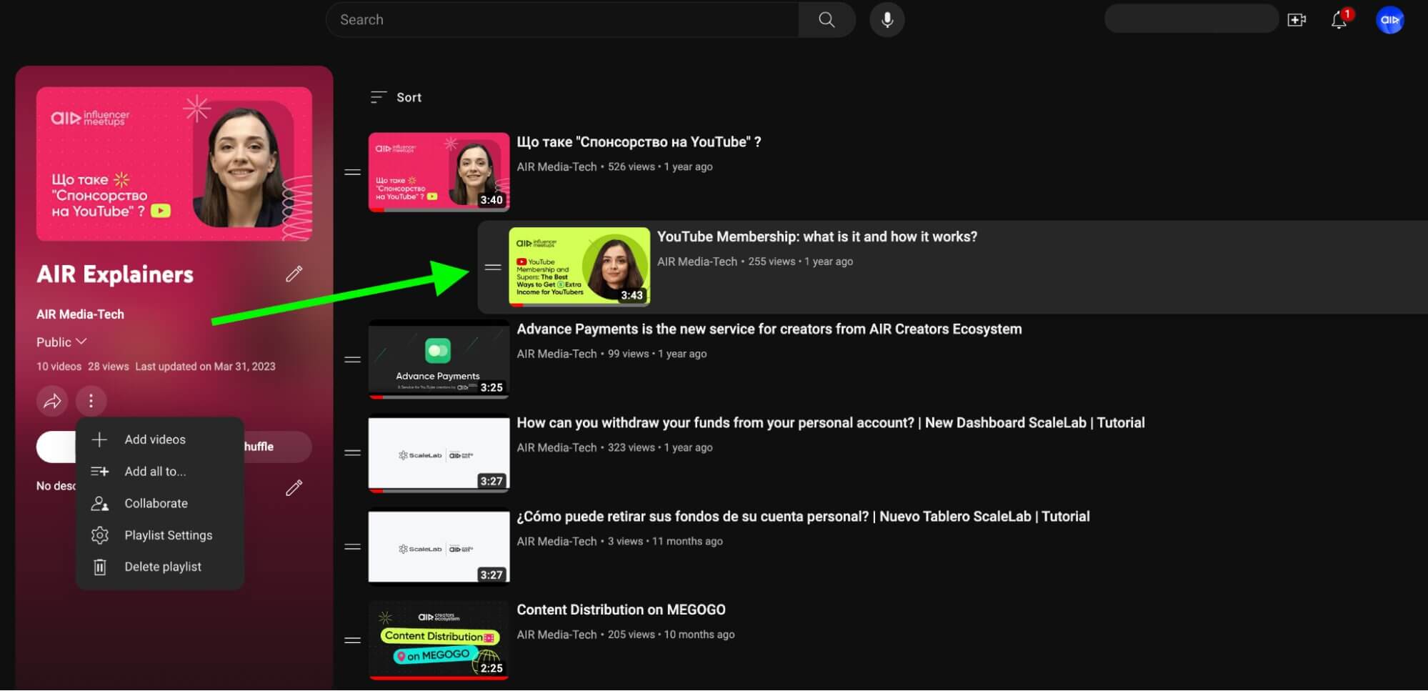 YouTube playlist page showing videos that can be reordered by clicking, holding, and dragging the handle on the left side of each row