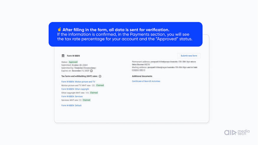 YouTube tax info approved in AdSense, with the form status and withholding rates in the payments profile