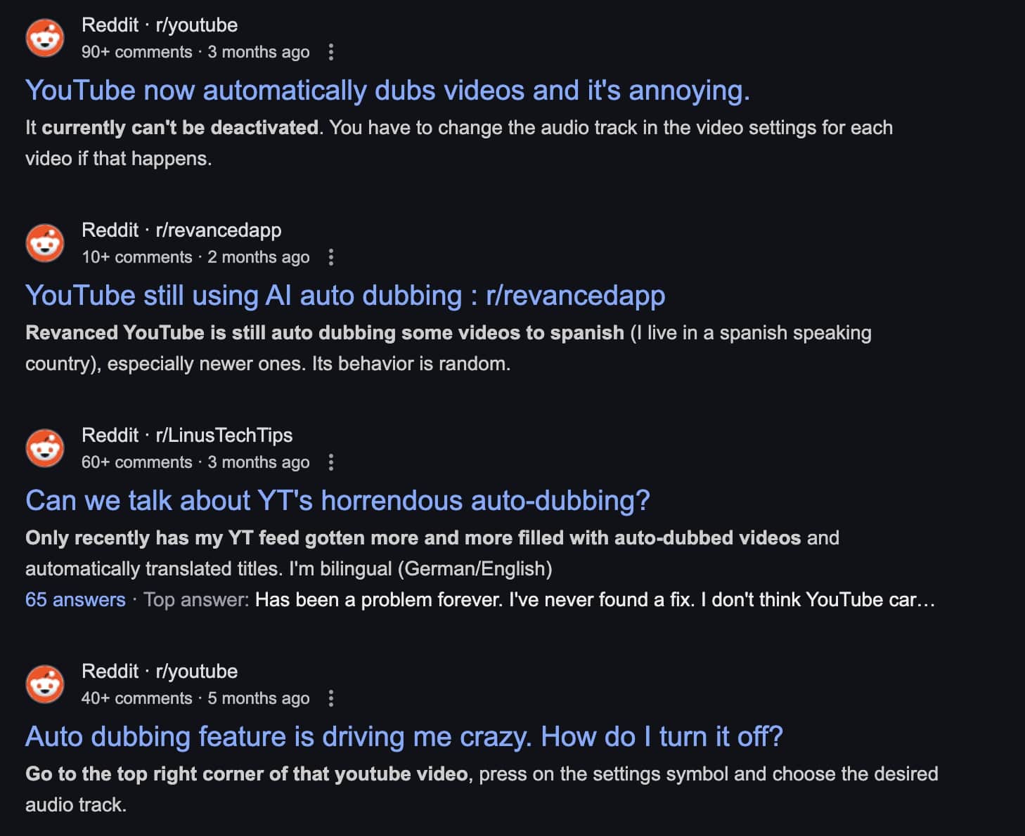 Reddit treads abuout YouTube Auto Dubbing