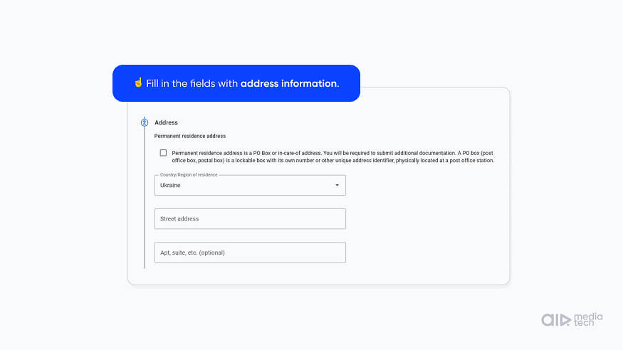 W-8BEN for YouTube step 7: permanent residence address fields in the AdSense tax form