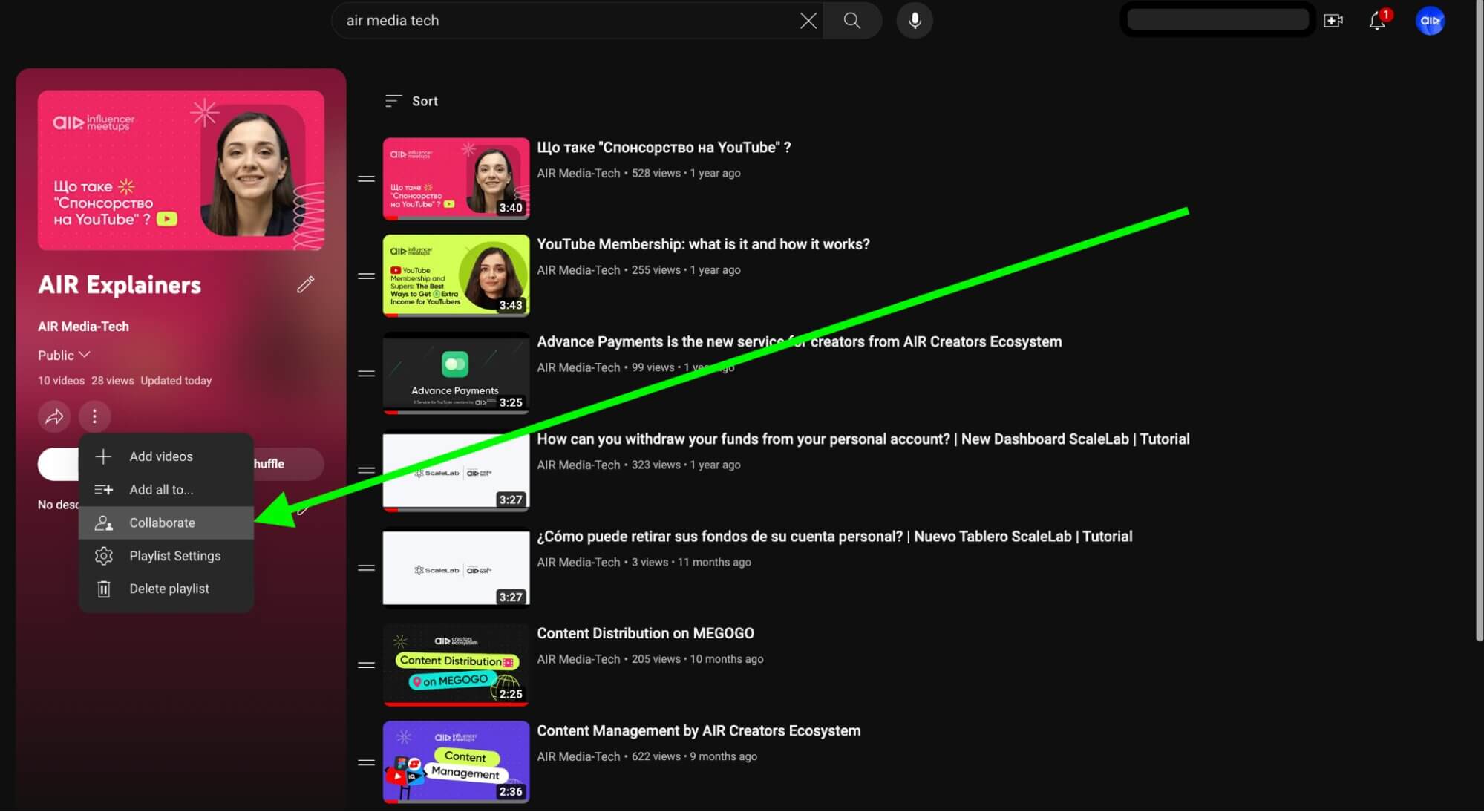 YouTube playlist page with three-dot menu open, arrow pointing to the Collaborate option