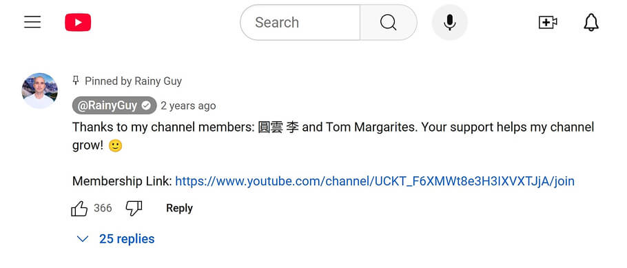 RainyGuy pinned comment screenshot