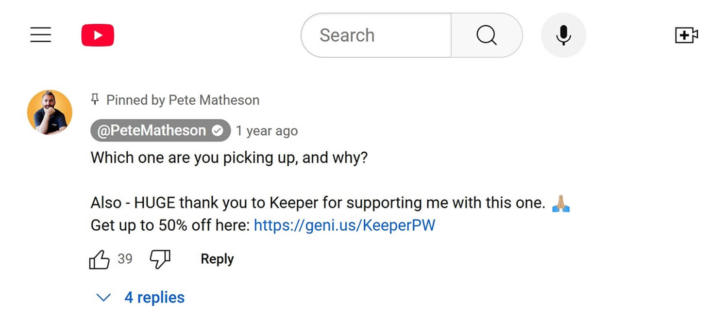 Pete Matheson pinned comment screenshot