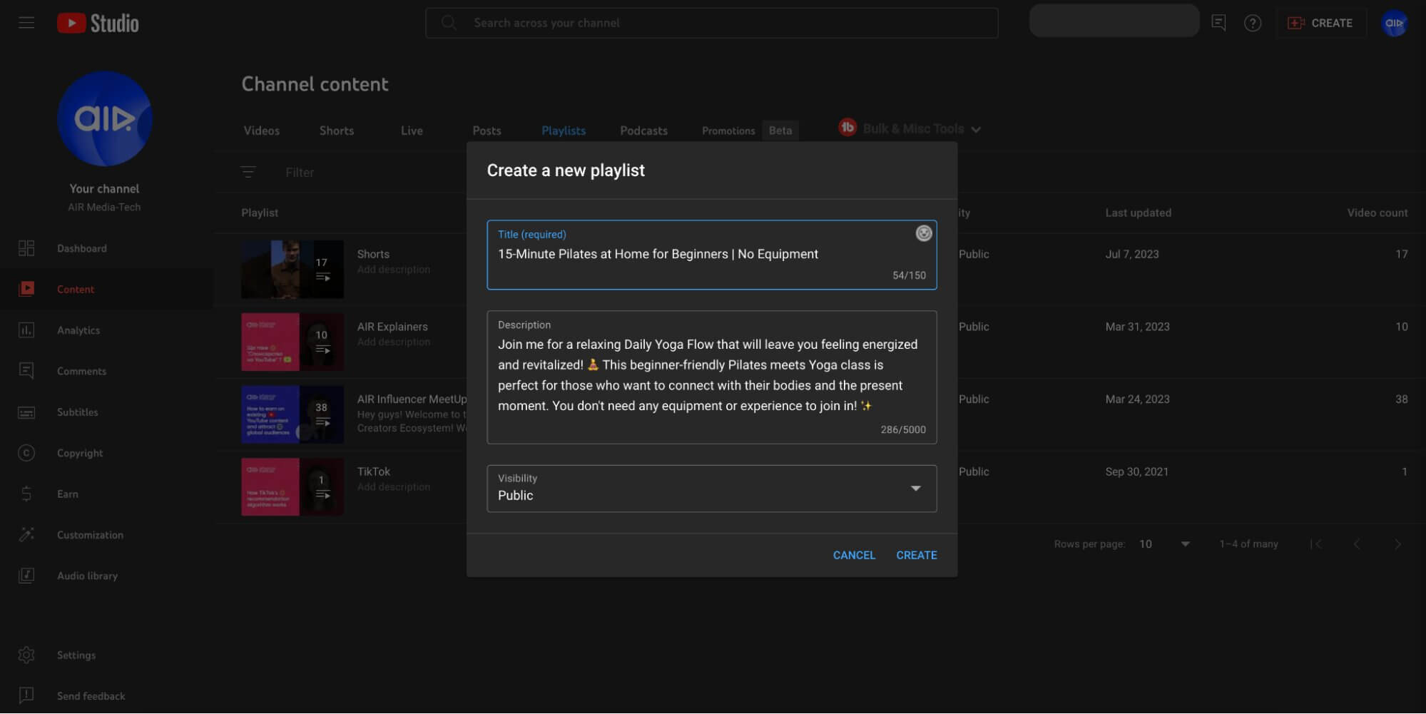YouTube Studio Create a new playlist dialog with title, description, and visibility fields filled in