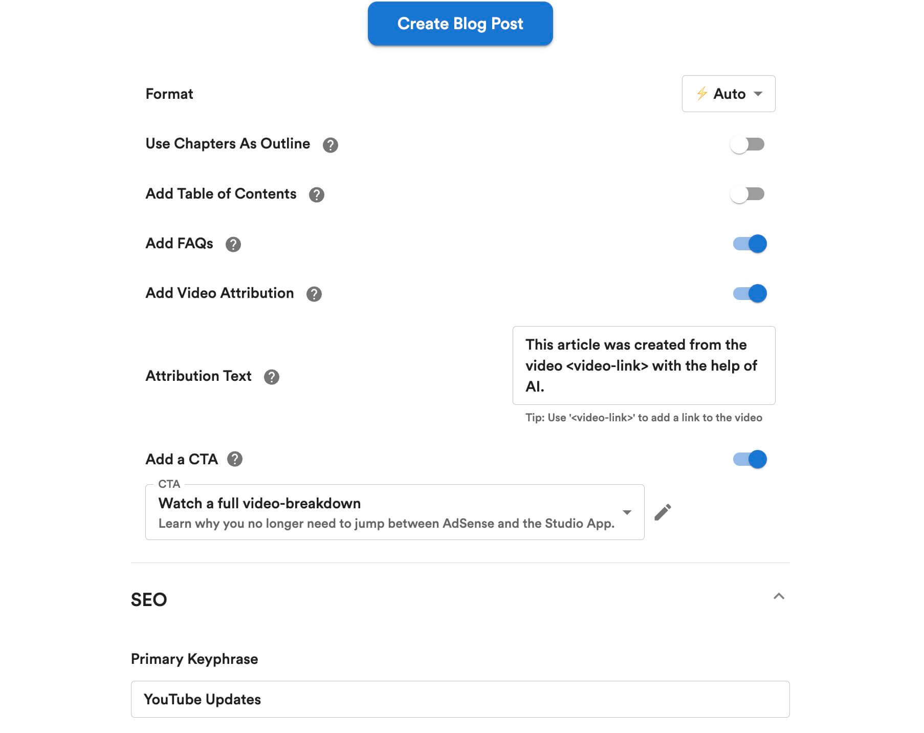 Screenshot from Video to Blog AI interface: third step of article creation