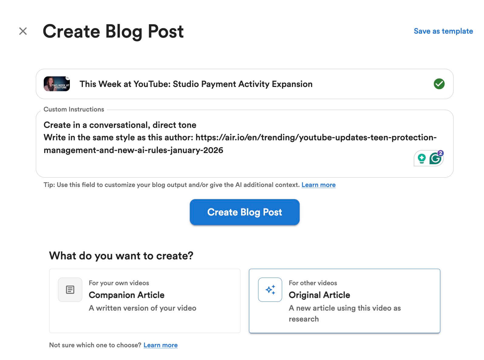 Screenshot from Video to Blog AI interface: first step of article creation