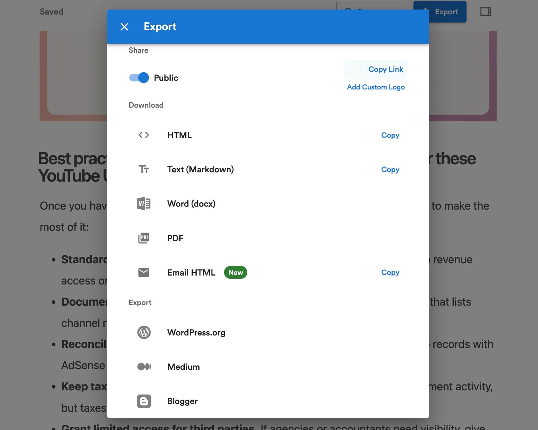 Screenshot from Video to Blog AI interface: fifth step of article creation