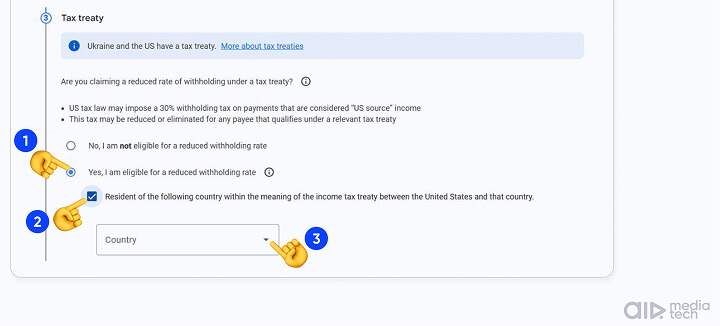 W-8BEN for YouTube step 8: claim the tax treaty as a resident of your country in AdSense