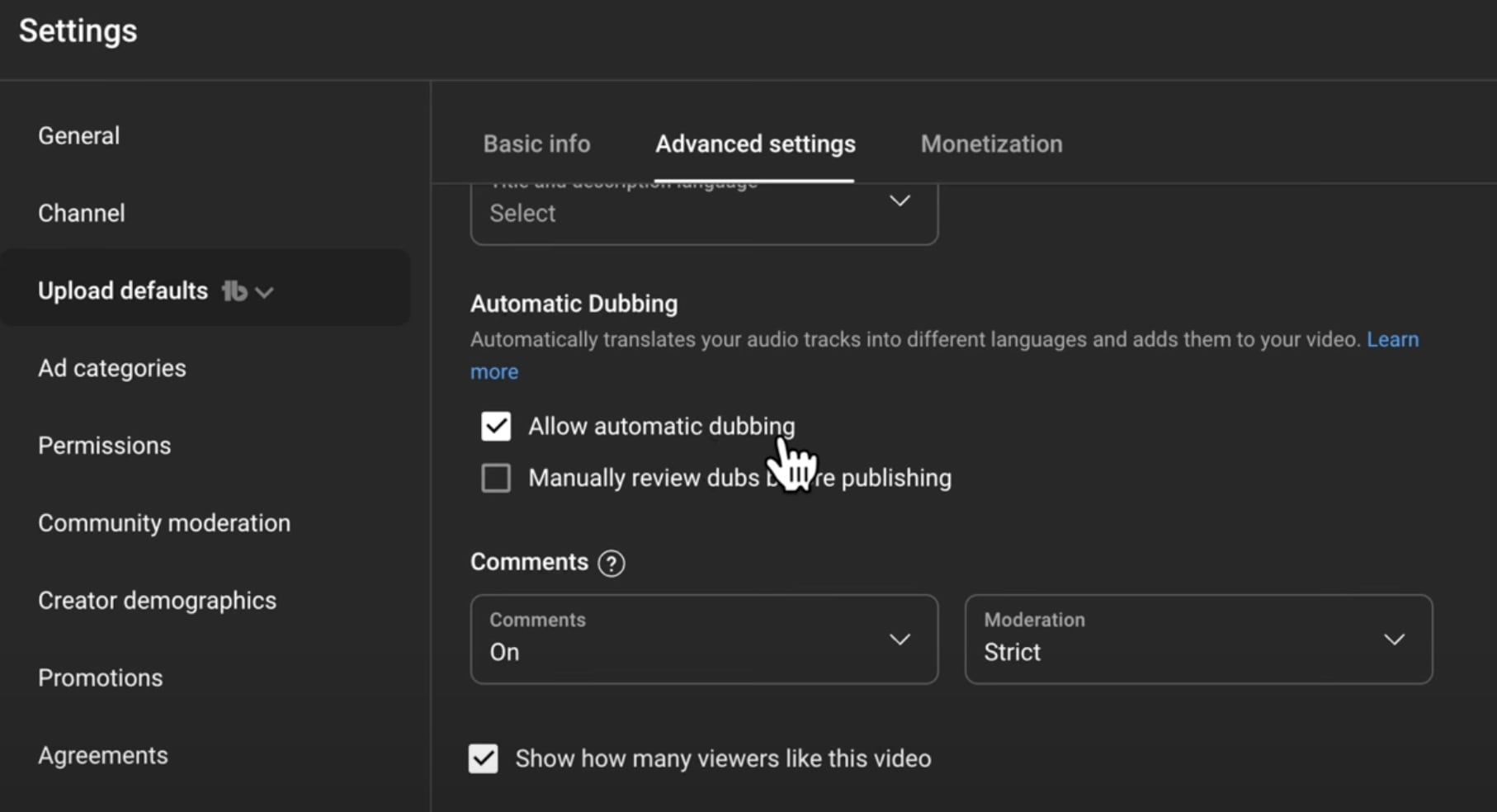 YouTube Studio screenshot with Auto Dubbing feature