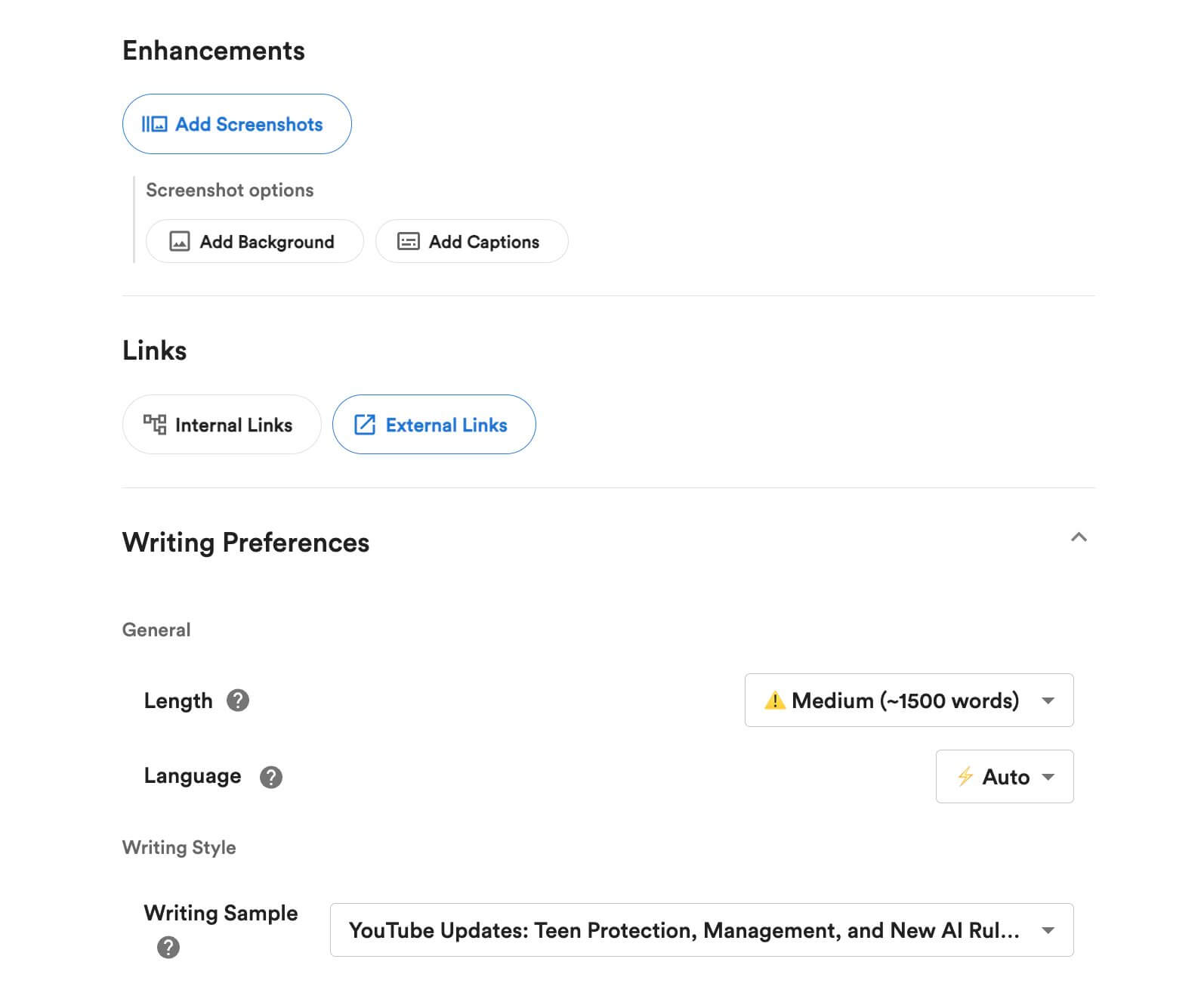 Screenshot from Video to Blog AI interface: second step of article creation