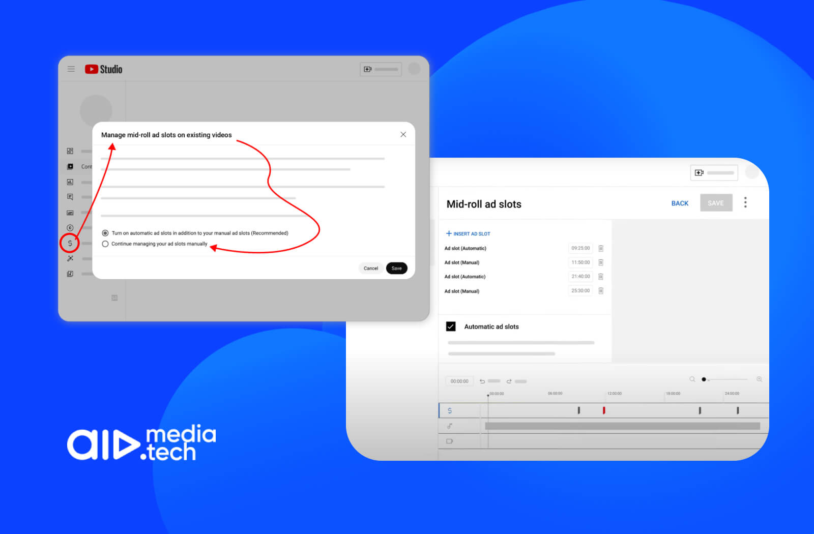 YouTube Studio screenshot on mid-roll ads update
