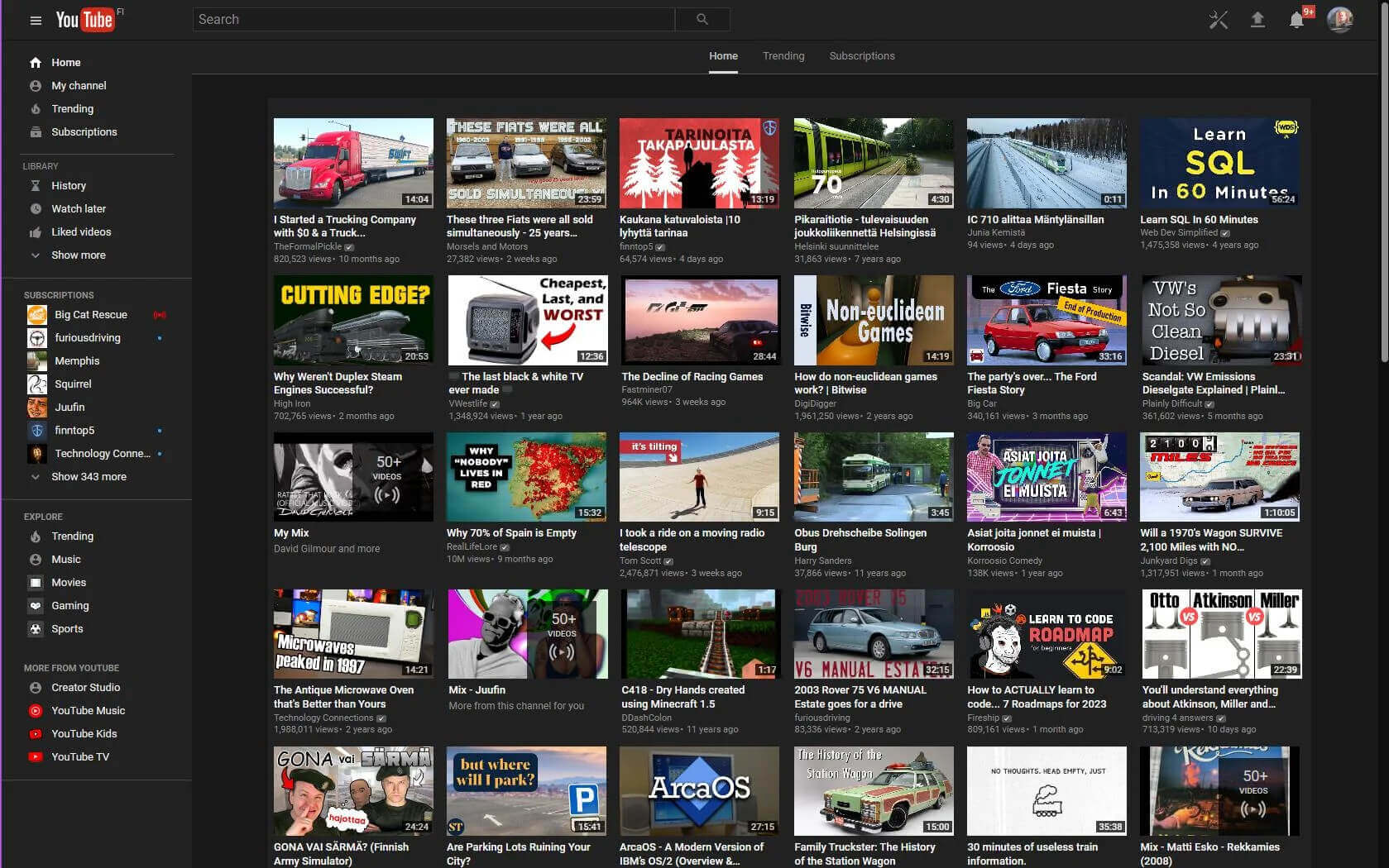 An image showcasing how an average homepage on YouTube looked in 2016. 