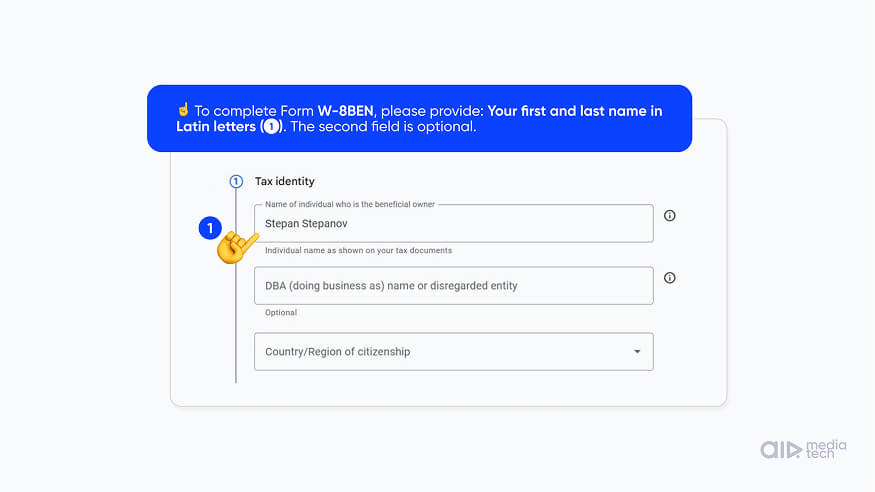 W-8BEN for YouTube step 5: legal name in Latin letters and country of citizenship in AdSense