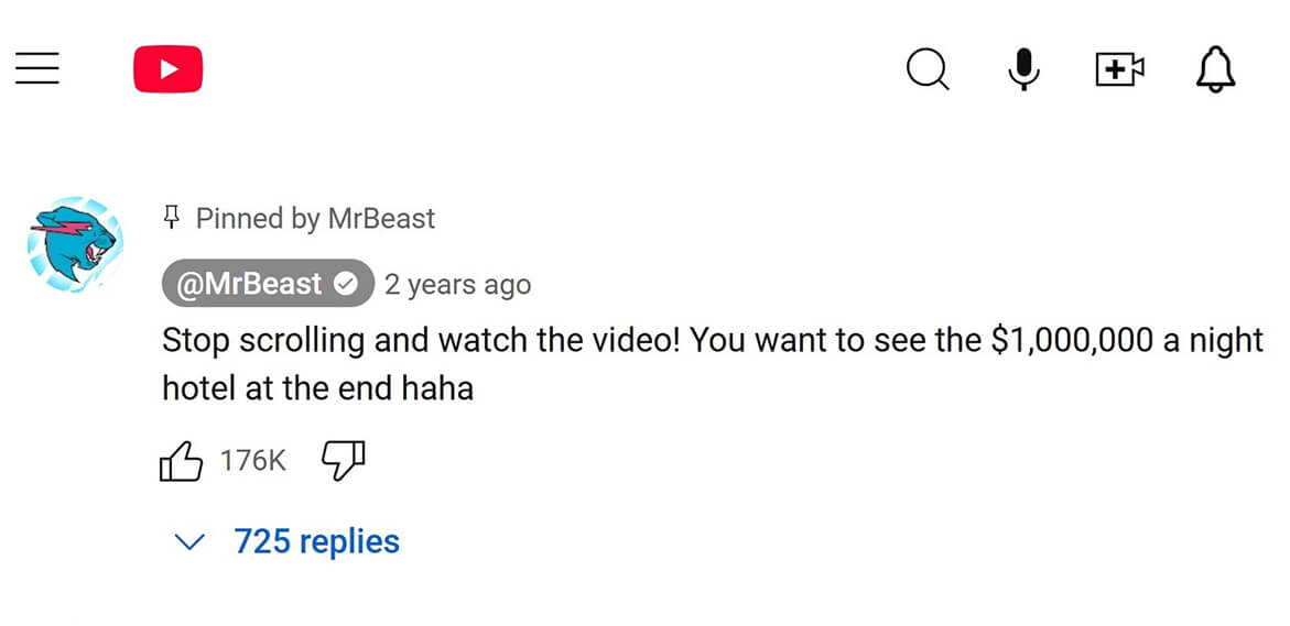 MrBeast pinned comment screenshot]